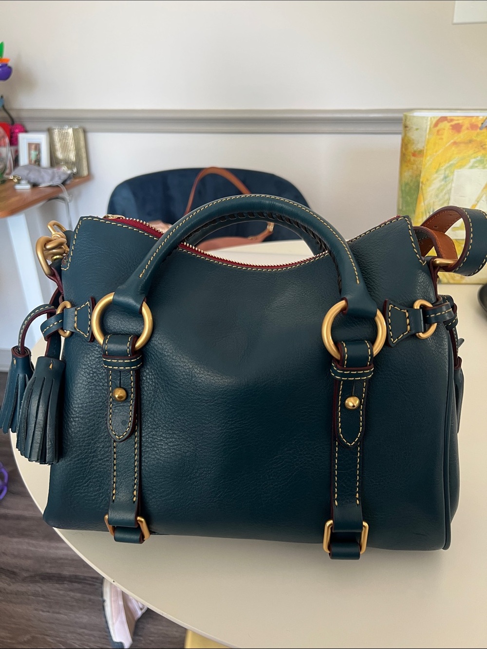 Dooney & Bourke Denim Leather Florentine Satchel with Gold Hardware - Picture 4 of 7